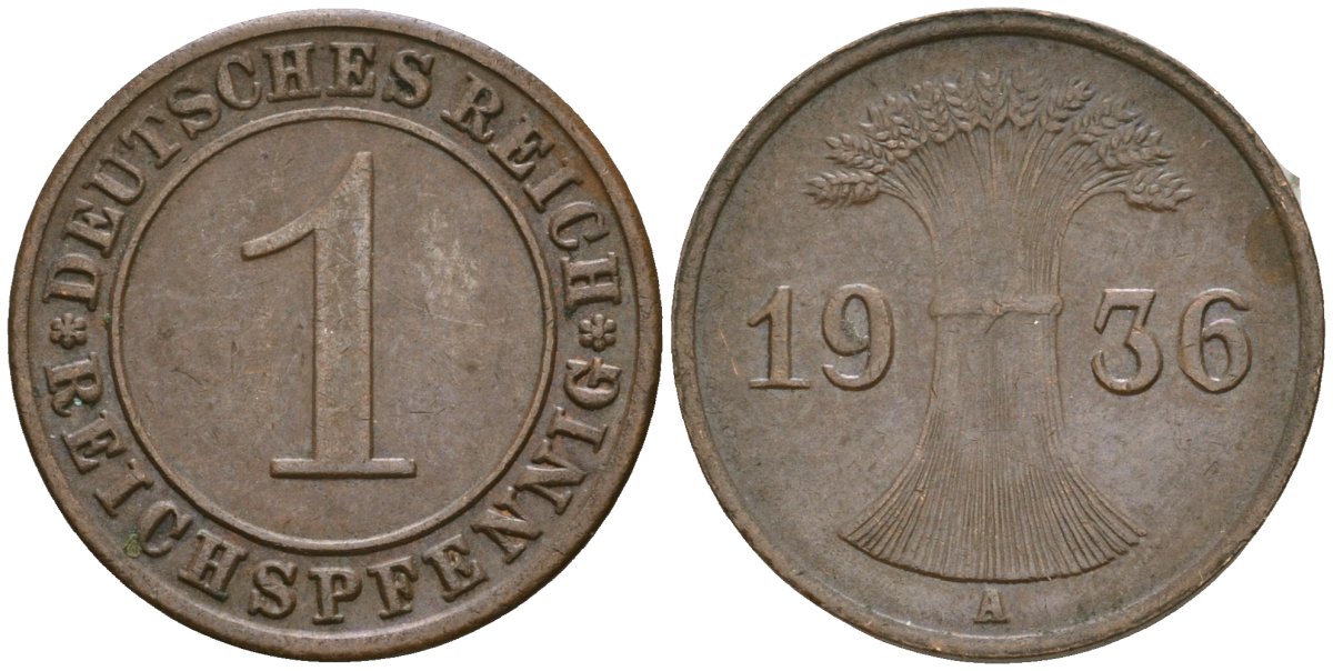 Германия 1 рейхспфенниг 1936 A KM 37, J. 313 бронза 4528-1265