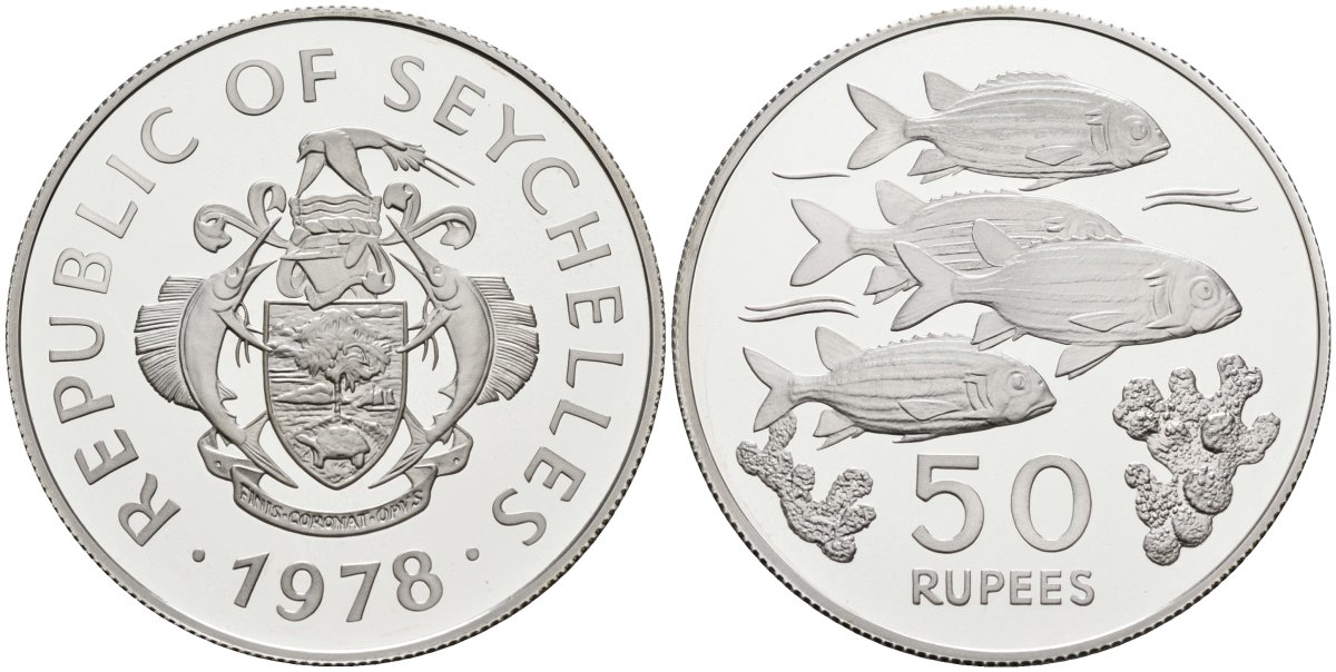 Сейшельские острова 50 рупий 1978 серия защита окружающей среды, рыбы, тираж 4281 экз. KM 39 серебро PROOF 00-00