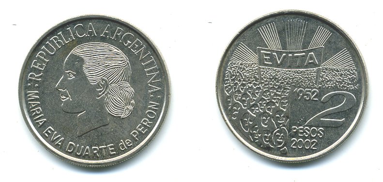 Аргентина 2 песо 2002 Мария Эва Дуарте де Перон KM 135 медно-никель UNC 37-731