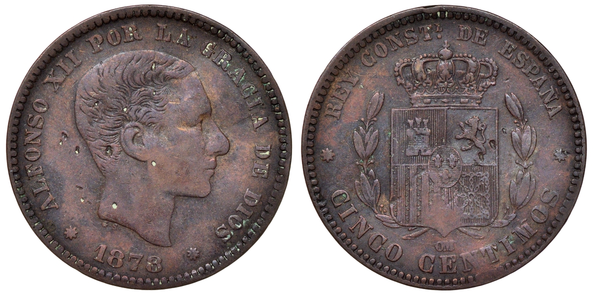 Испания 5 сентимо 1878 ОМ, Альфонсо XII KM 674 бронза    4116-731