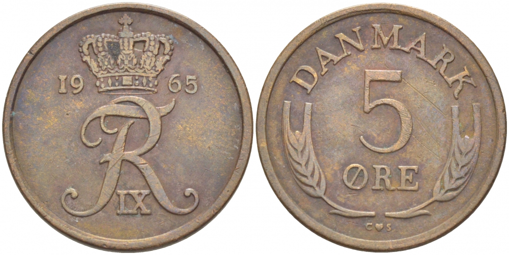 ДАНИЯ 5 ЭРЕ 1965 C; S, ФРЕДЕРИК IX (1947-1972) KM 848.1 бронза 4402-1224