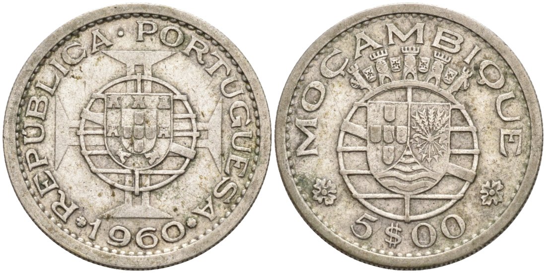 Португальский Мозамбик 5 эскудо 1960 KM 84 серебро 4571-932