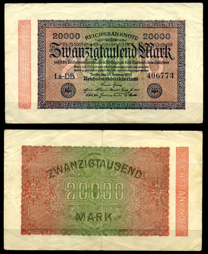 Германия 20000 марок 1923 20 февраля 1923, в/з №47, номер шестизначный Pick 85, Розенберг 84е  бумага   8617-35-2-2