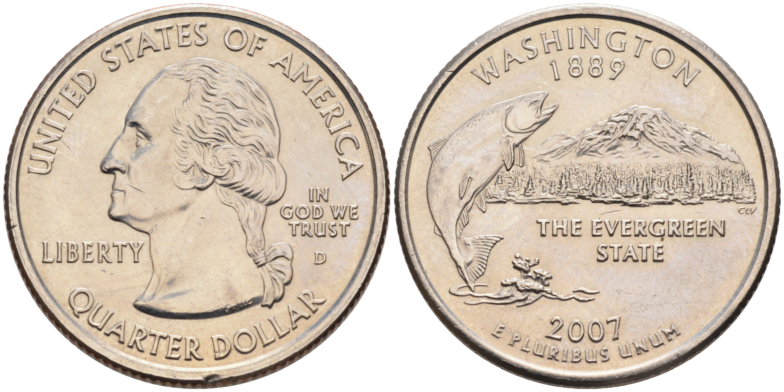 США 25 центов (квотер) 2007 D, серия штаты США, штат Вашингтон KM 397 медь плакированная медно-никелем UNC 4589-626