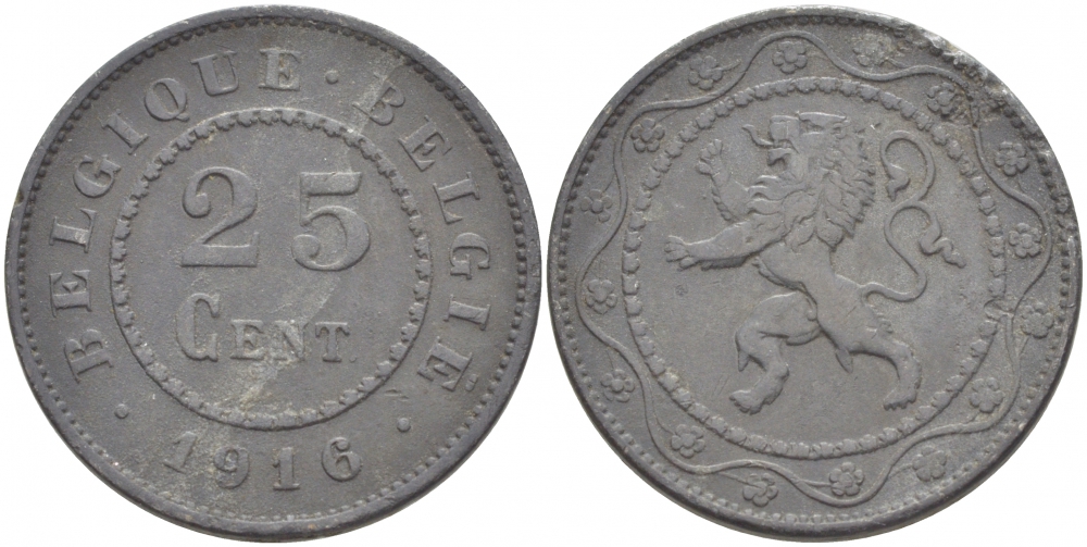 БЕЛЬГИЯ 25 САНТИМОВ 1916 BELGIQUE-BELGIE, ГЕРМАНСКАЯ ОККУПАЦИЯ, ПЕРВАЯ МИРОВАЯ ВОЙНА KM 82 цинк 3718-546