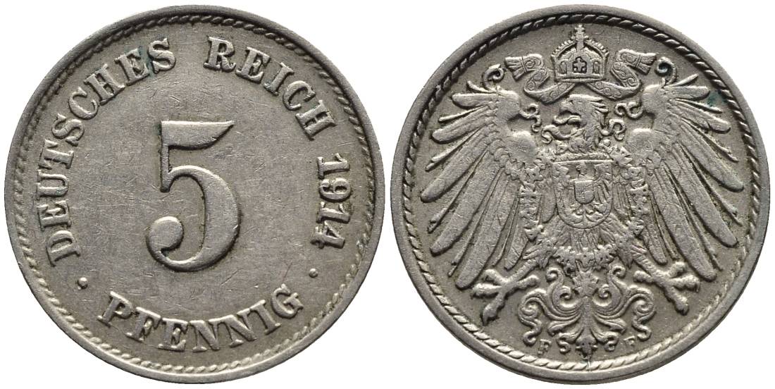 ГЕРМАНИЯ 5 ПФЕННИГОВ 1914 F KM 11, Jager 12, Weege 6 медно-никель 4547-543