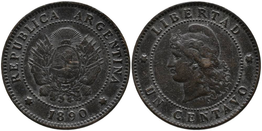 Аргентина 1 сентаво 1890 голова свободы влево KM 7 бронза 4525-1034