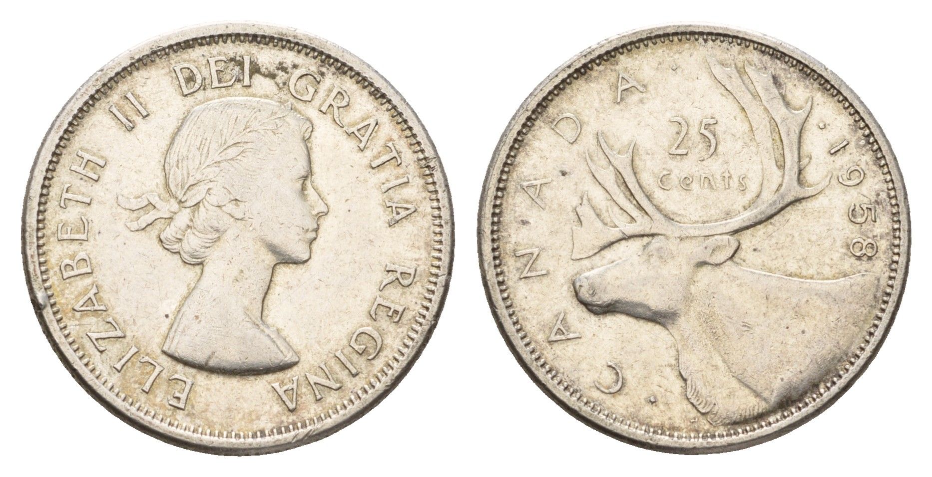 Канада 25 центов 1958 Елизавета II (1952-2022), олень KM 52 серебро 181-345