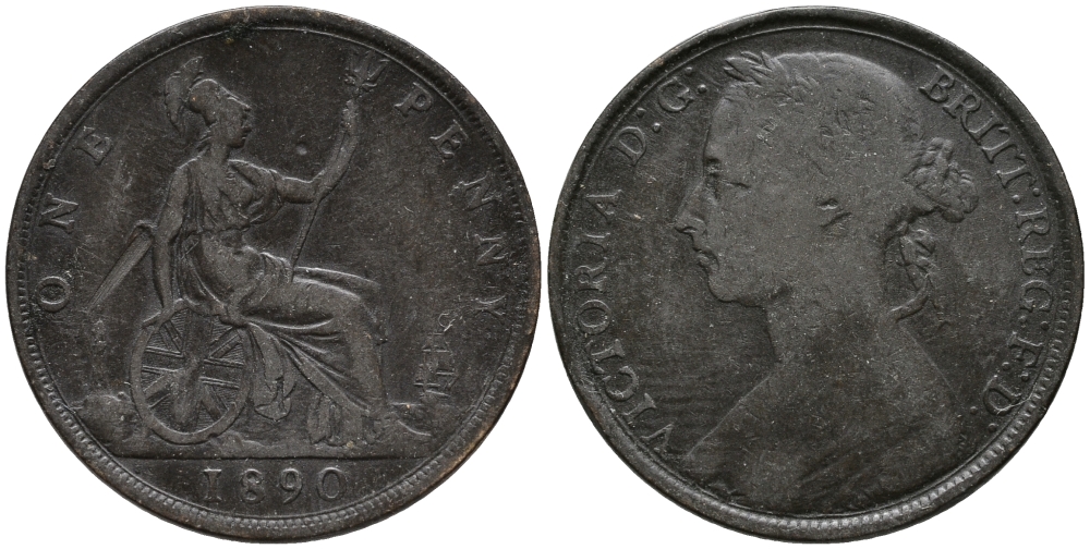 Великобритания 1 пенни 1890 Виктория (1837-1901) KM 755, Spink 3954 бронза 32-812