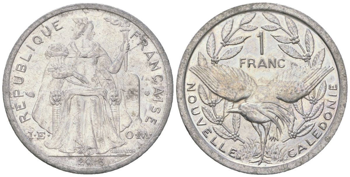 Французская Новая Каледония 1 франк 2013 птица кагу, (IEOM) KM 10, Schoen 10 алюминий 31-644