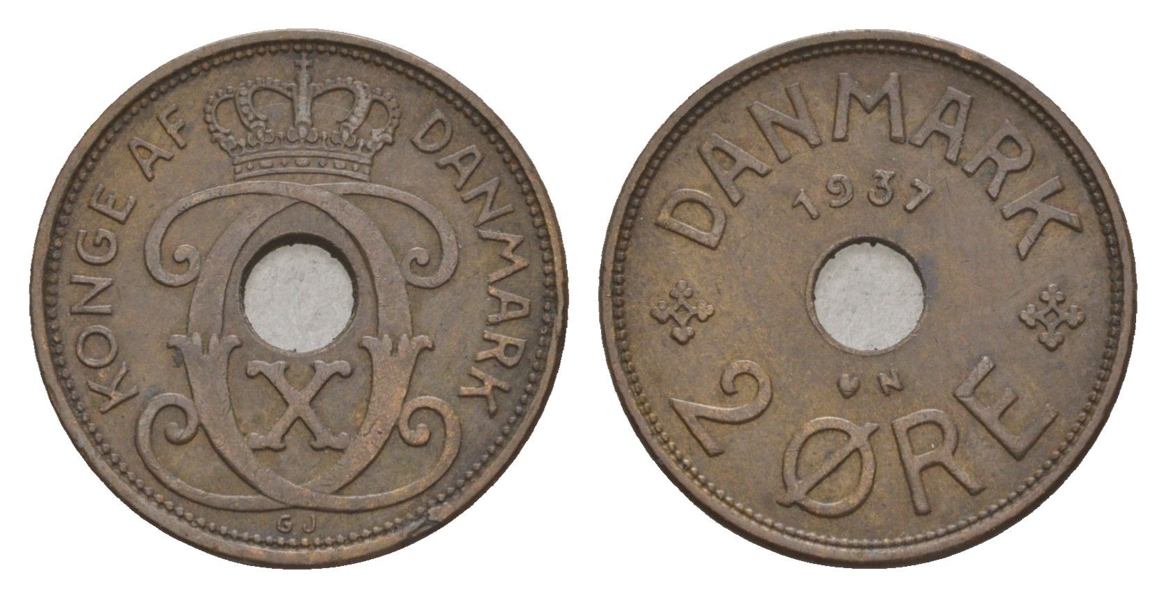 Дания 2 эре 1937 N, Кристиан X (1912-1947) KM 827 бронза 4658-248