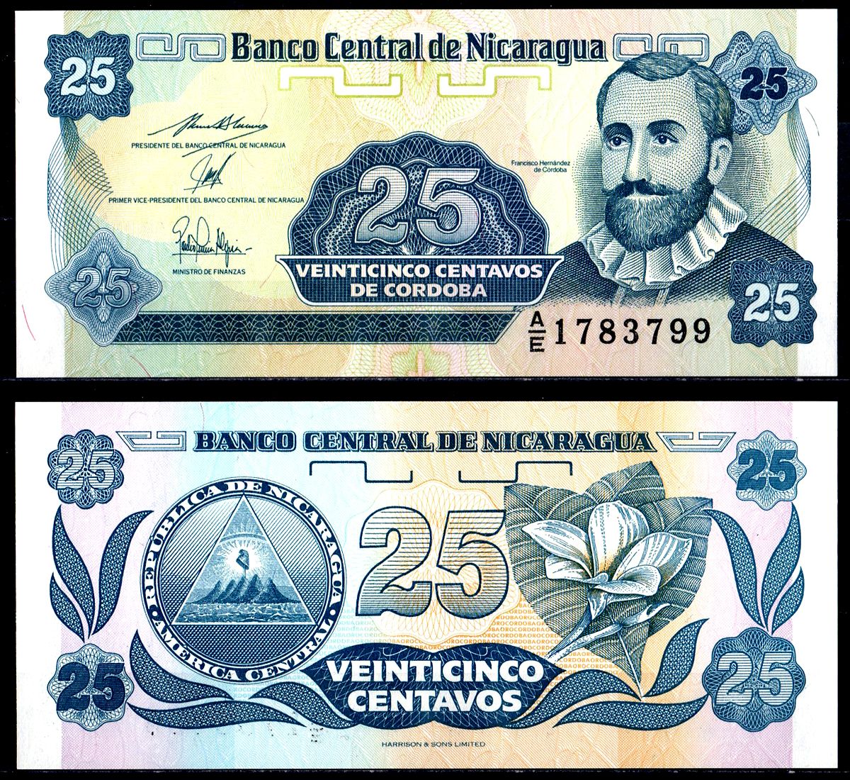 Никарагуа 25 сентаво Кордовы ND (1991) Франсиско Эрнандес де Кордоба Pick 170a (2) бумага UNC (пресс) 6278-3-2-2