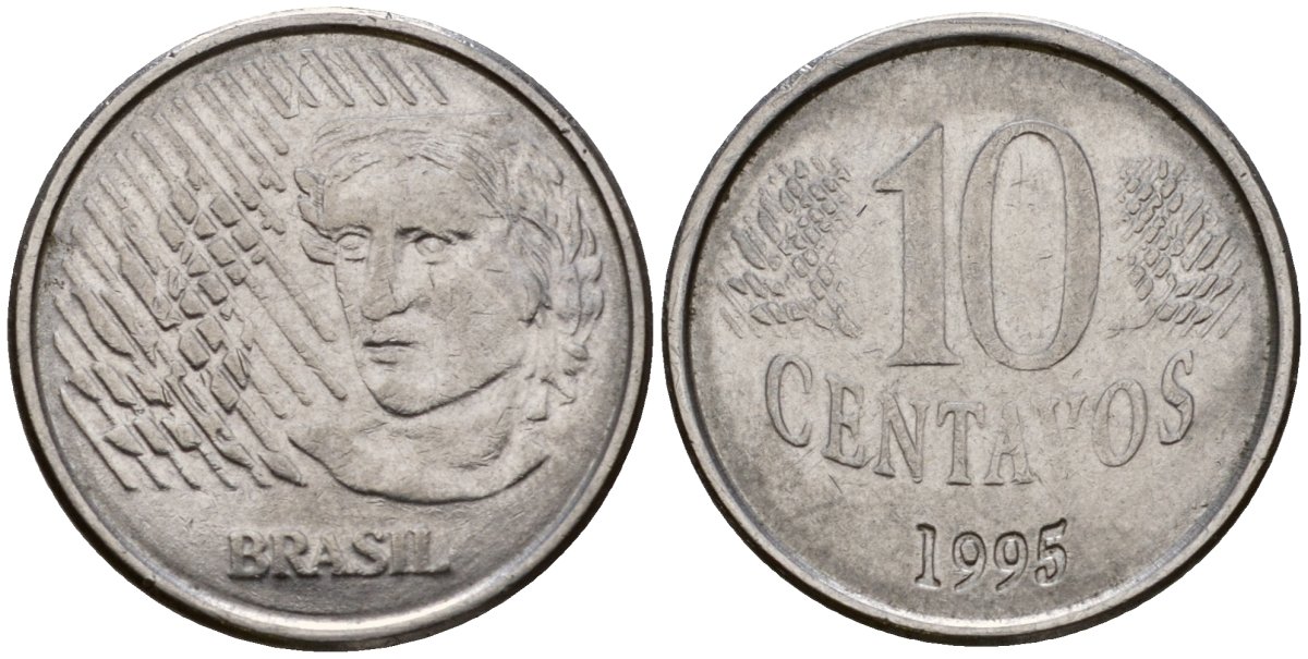 Бразилия 10 сентаво 1995 голова свободы KM 633 нержавеющая сталь 219-823
