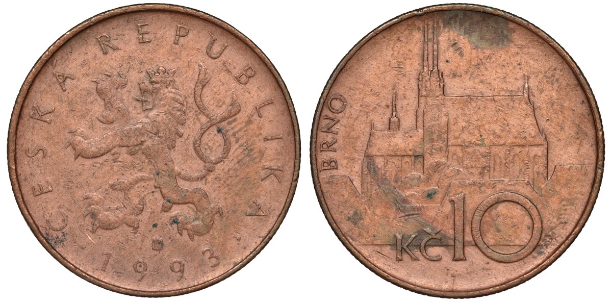 Чехия 10 крон 1993 кафедральный собор, город Брно KM 4 сталь плакированная медью 51-2421
