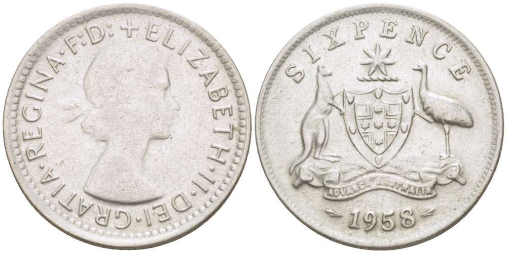 АВСТРАЛИЯ 6 ПЕНСОВ 1958 m, ЕЛИЗАВЕТА II (1953-), ГЕРБ АВСТРАЛИИ, ПРОБА 500 KM 58 серебро 4516-618