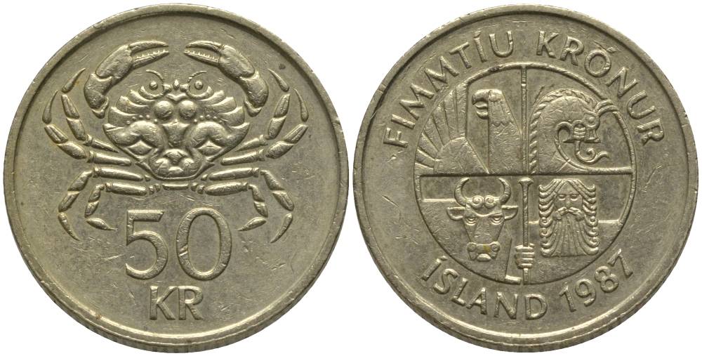 ИСЛАНДИЯ 50 КРОН 1987 КРАБ KM 31 никель латунь 181-645