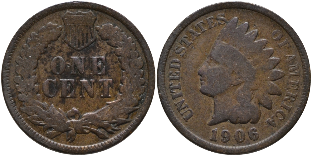 США 1 ЦЕНТ 1906 ИНДЕЕЦ KM 90а бронза 4396-315