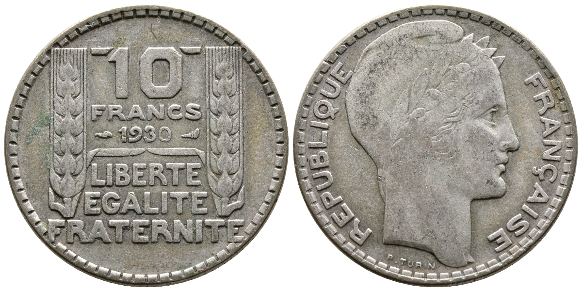 Франция 10 франков 1930 Пьер Тюрен KM 878, Le Franc 360.3 серебро 79-641