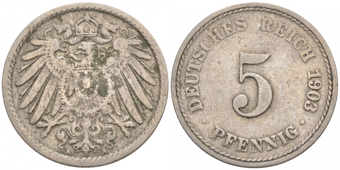 ГЕРМАНИЯ 5 ПФЕННИГОВ 1903 A, KM 11, J. 12 медно-никель 73-1749