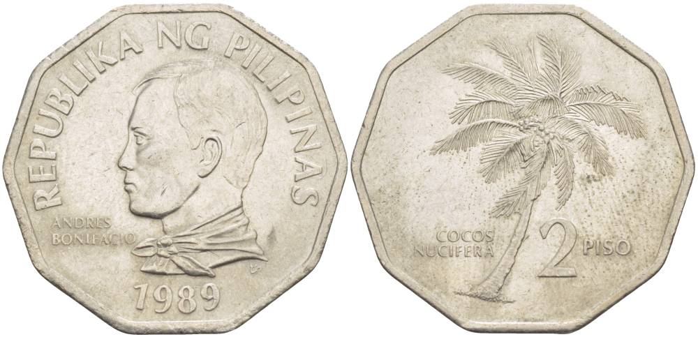 ФИЛИППИНЫ 2 ПИСО 1989 КОКОСОВАЯ ПАЛЬМА, АНДРЕС БОНИФАСИО KM 244 медно-никель 4542-913