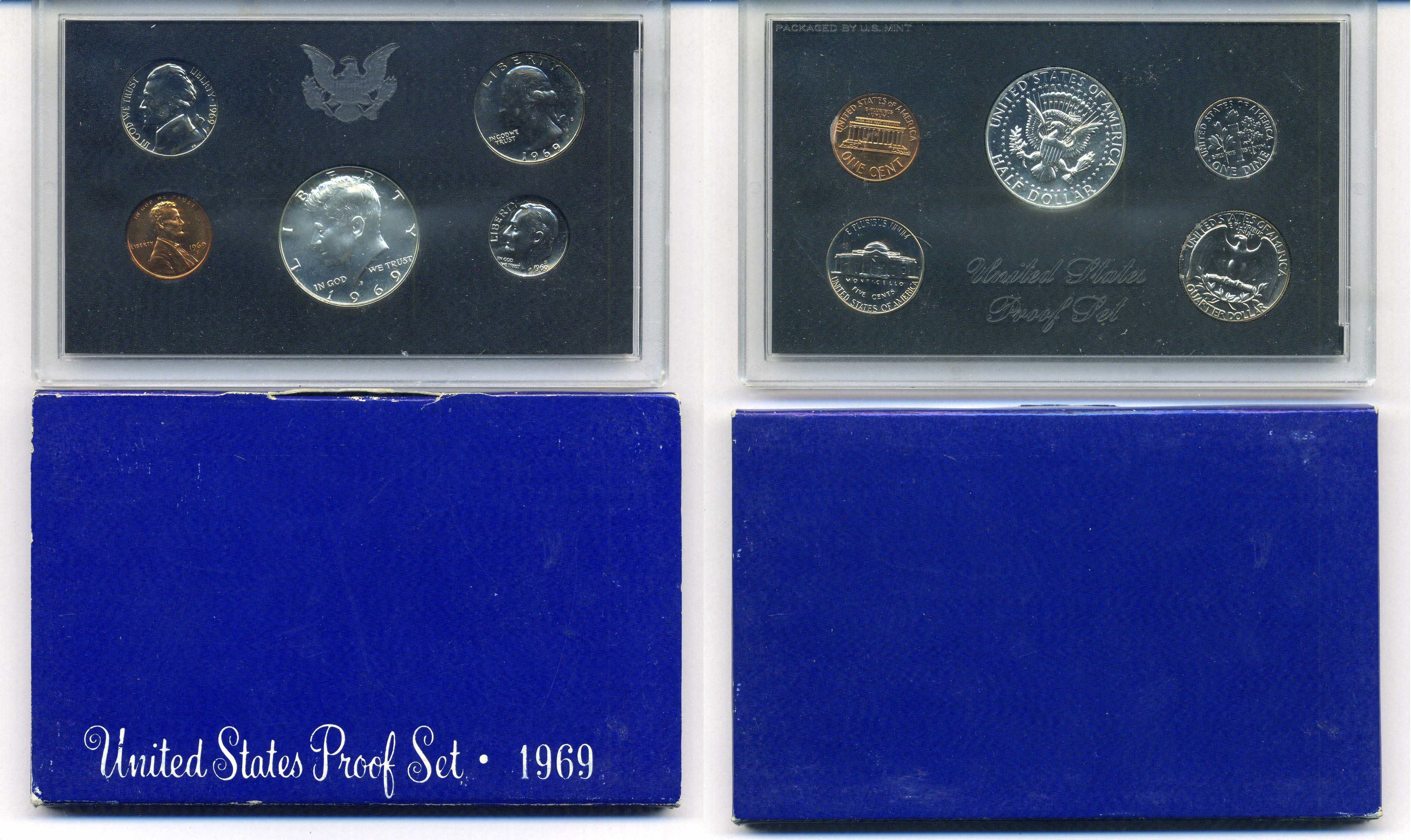 США годовой набор из 5 монет (1, 5, 10, 25 и 50 центов) 1969 в оригинальной упаковке KM PS128 (164a, 192, 195a, 199 и 201) PROOF 8-2-02-17