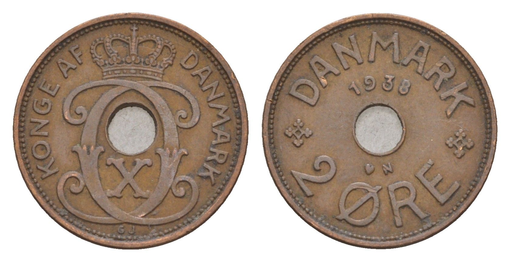 Дания 2 эре 1938 N, Кристиан X (1912-1947) KM 827 бронза 4658-252