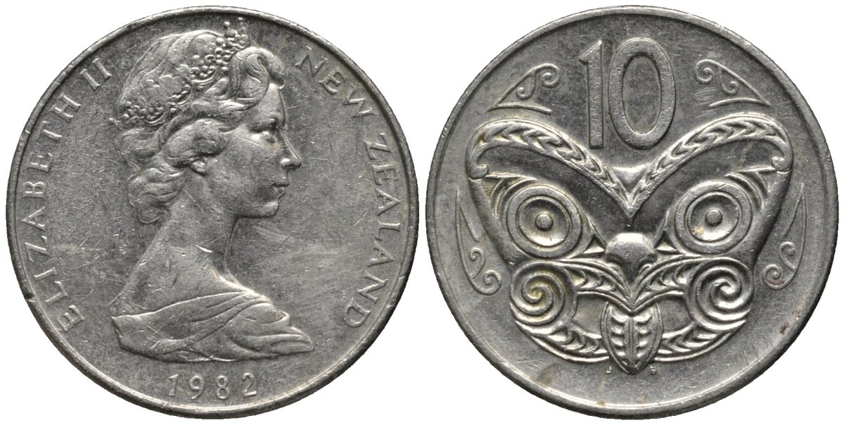 Новая Зеландия 10 центов 1982 Елизавета II (1952-2022), маска маори KM 41.1 медно-никель 4579-952