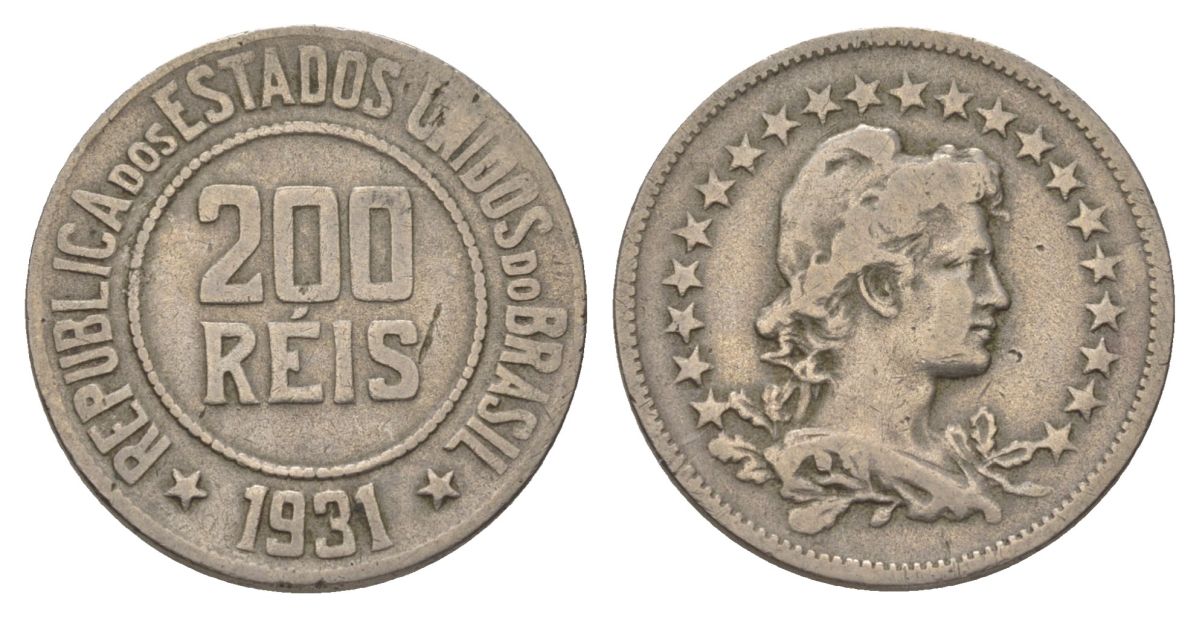 Бразилия 200 реалов 1931 KM 519 медно-никель 4624-1155