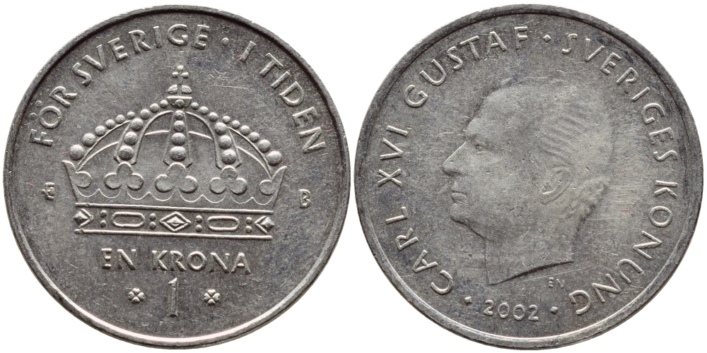Швеция 1 крона 2002 Карл XVI Густав (1973- ) KM 894 медно-никель 4364-815