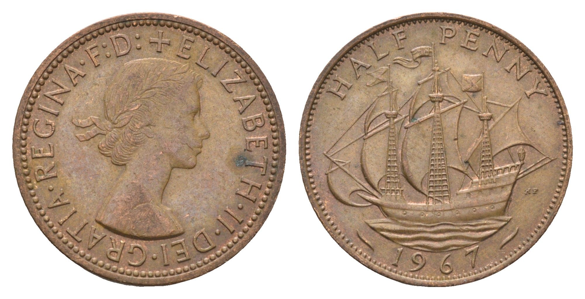 Великобритания 1/2 пенни 1967 Елизавета II (1952-2022) KM 896, Spink 4158 бронза 4663-137