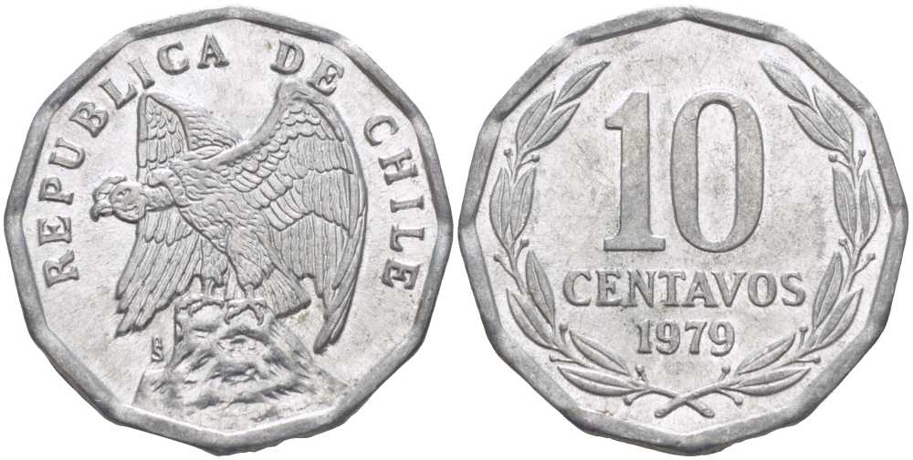 Чили 10 сентаво 1979 KM 205a алюминий 4402-436