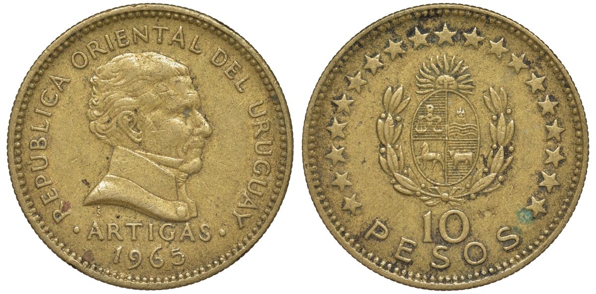 Уругвай 10 песо 1965 KM 48 алюминиевая бронза 4574-545