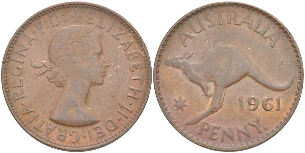 Австралия 1 пенни 1961 р, Елизавета II (1952-2022), кенгуру KM 56 бронза 4185-525