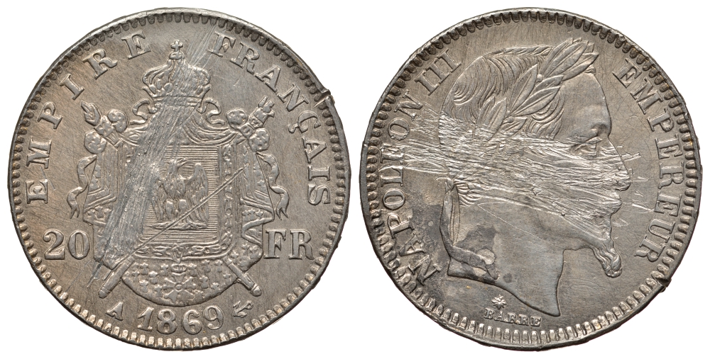 Франция 20 франков 1869 6,49 гр. KM 801.1 платина 00-000-00
