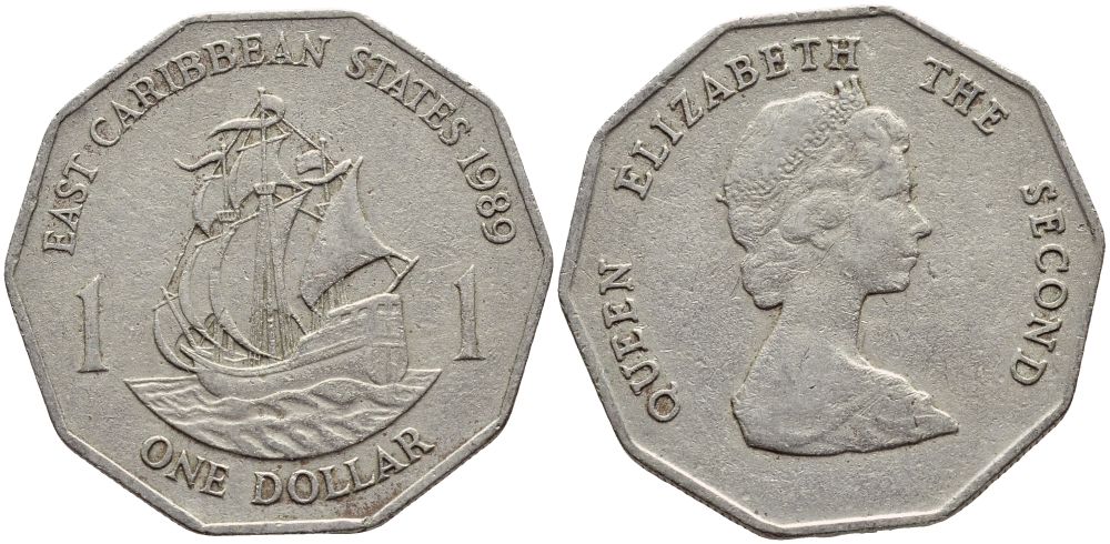 Восточно-Карибские штаты 1 доллар 1989 Елизавета II (1952-2022), парусник, первый год KM 20 медно-никель 4175-142