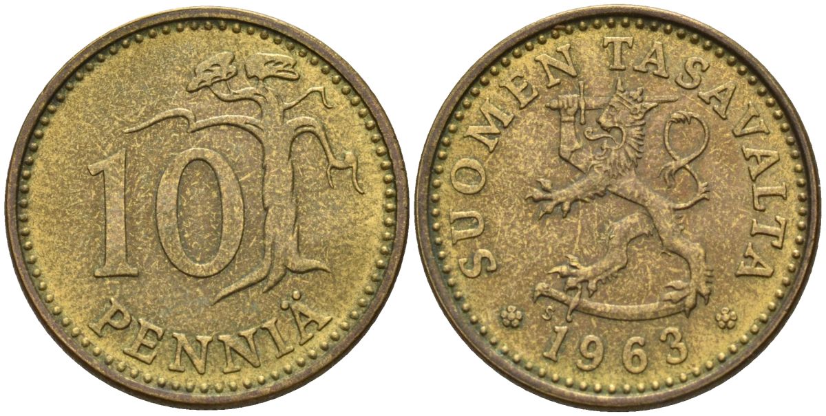 Финляндия 10 пенни 1963 KM 46 алюминиевая бронза 4152-548