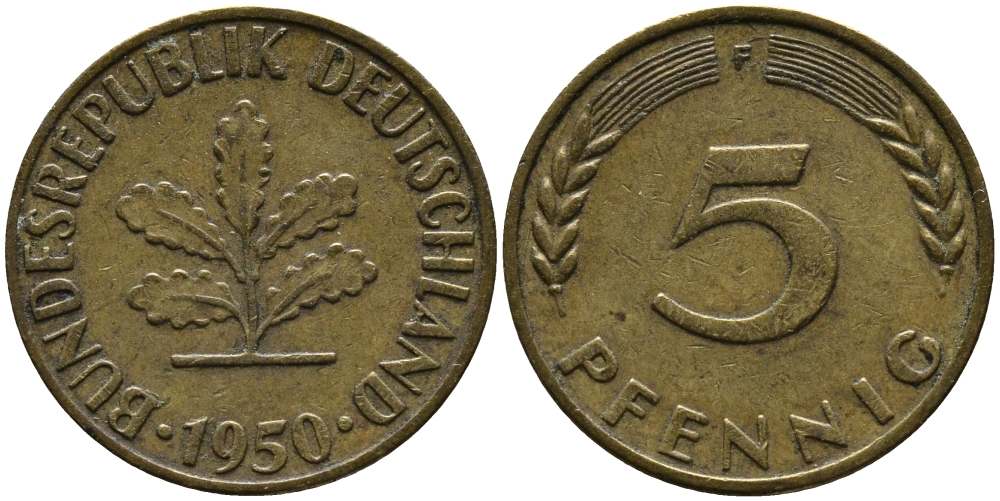 ФРГ 5 ПФЕННИГОВ 1950 F KM 107, J. 382 сталь плакированная латунью 33-212