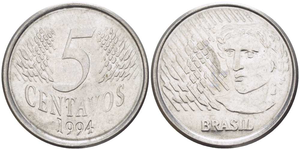 Бразилия 5 сентаво 1997 реформа 1994-, голова свободы влево KM 632 нержавеющая сталь 53-1133