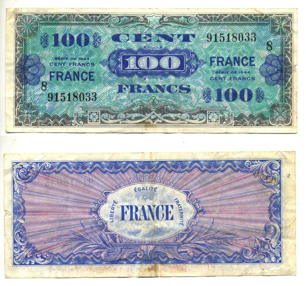 Франция 100 франков 1944 военный выпуск Pick 123 с бумага 3295-94-1