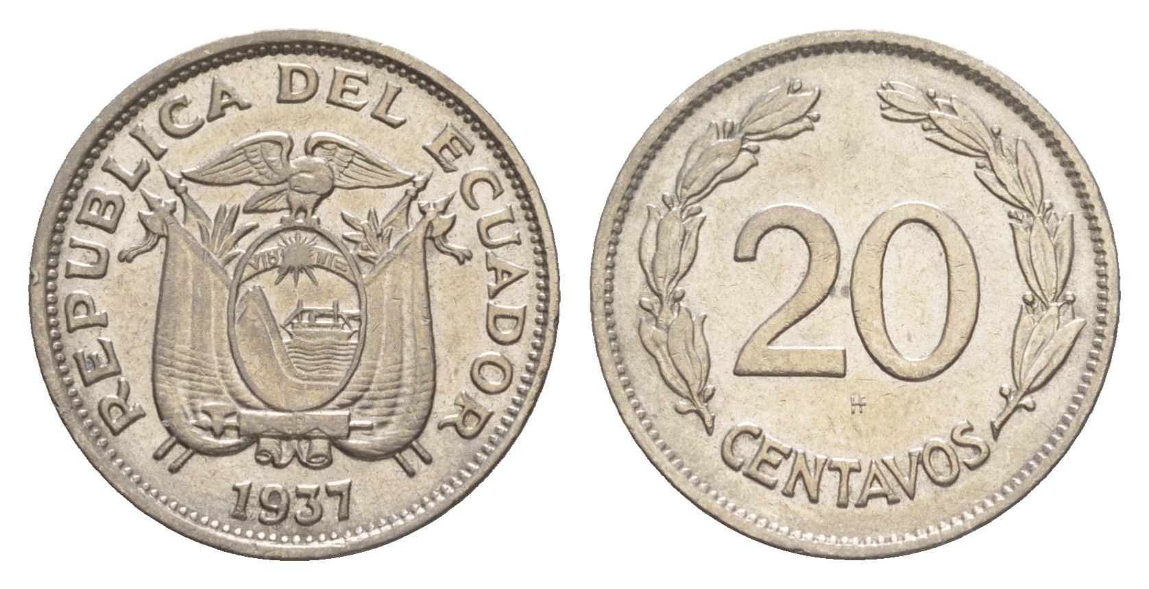 Эквадор 20 сентаво 1937 KM 77.1 никель 4640-1169