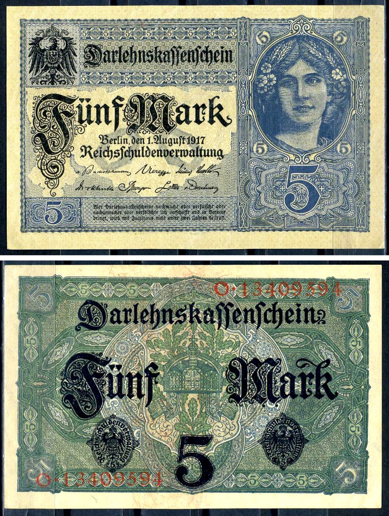 Германия 5 марок 1917 8 значный номер Pick 56 a бумага 8595-23-1-2