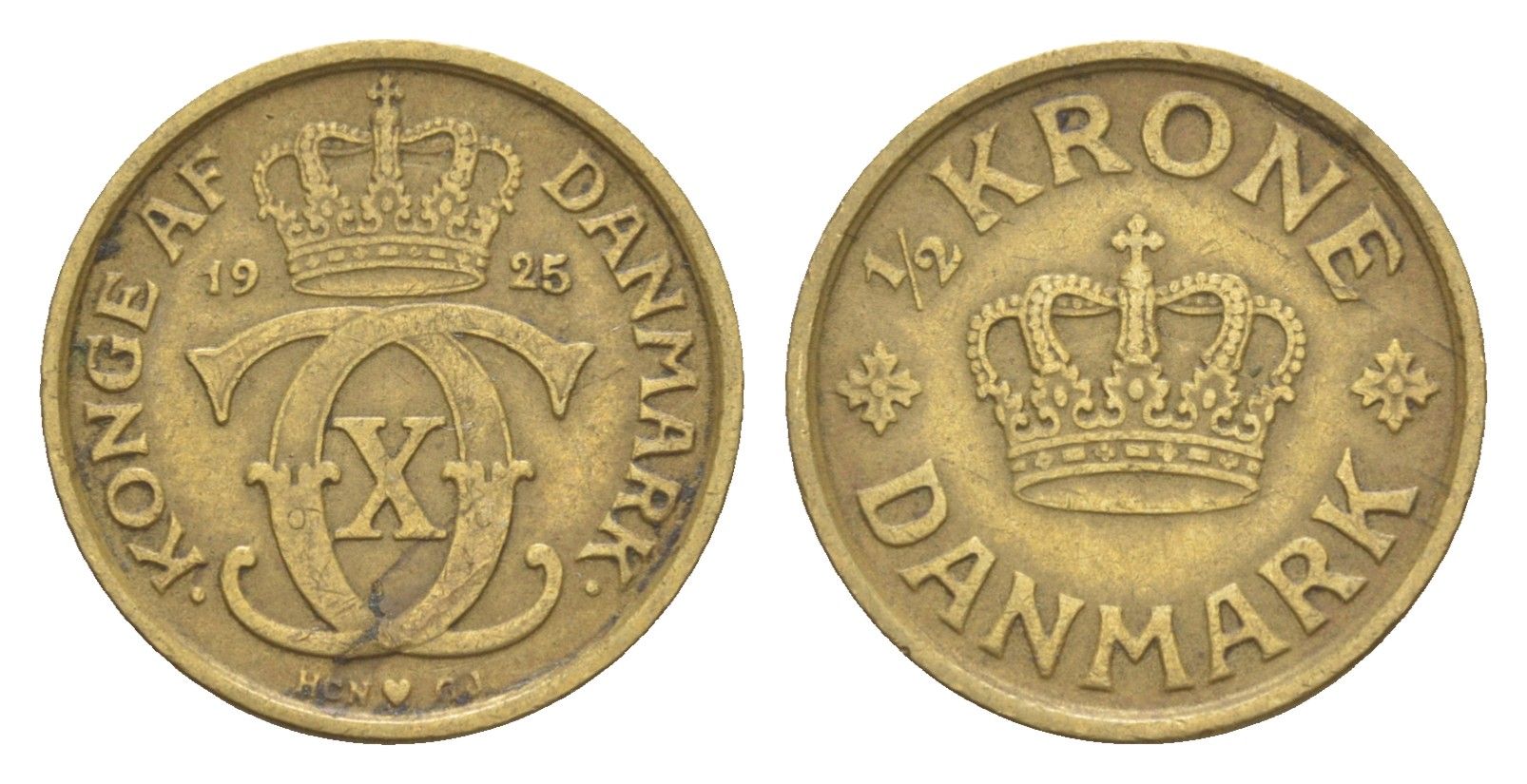 Дания 1/2 кроны 1925 HCN, Кристиан X (1912-1947) KM 831 алюминиевая бронза 4651-1024