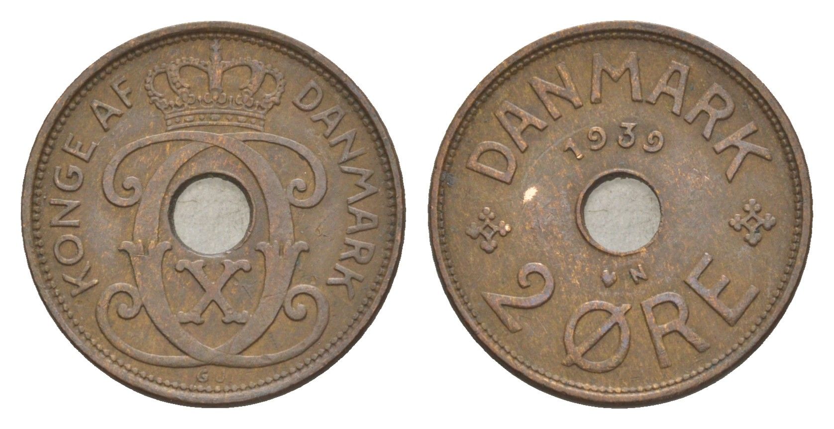 Дания 2 эре 1939 N, Кристиан X (1912-1947) KM 827 бронза 4639-767