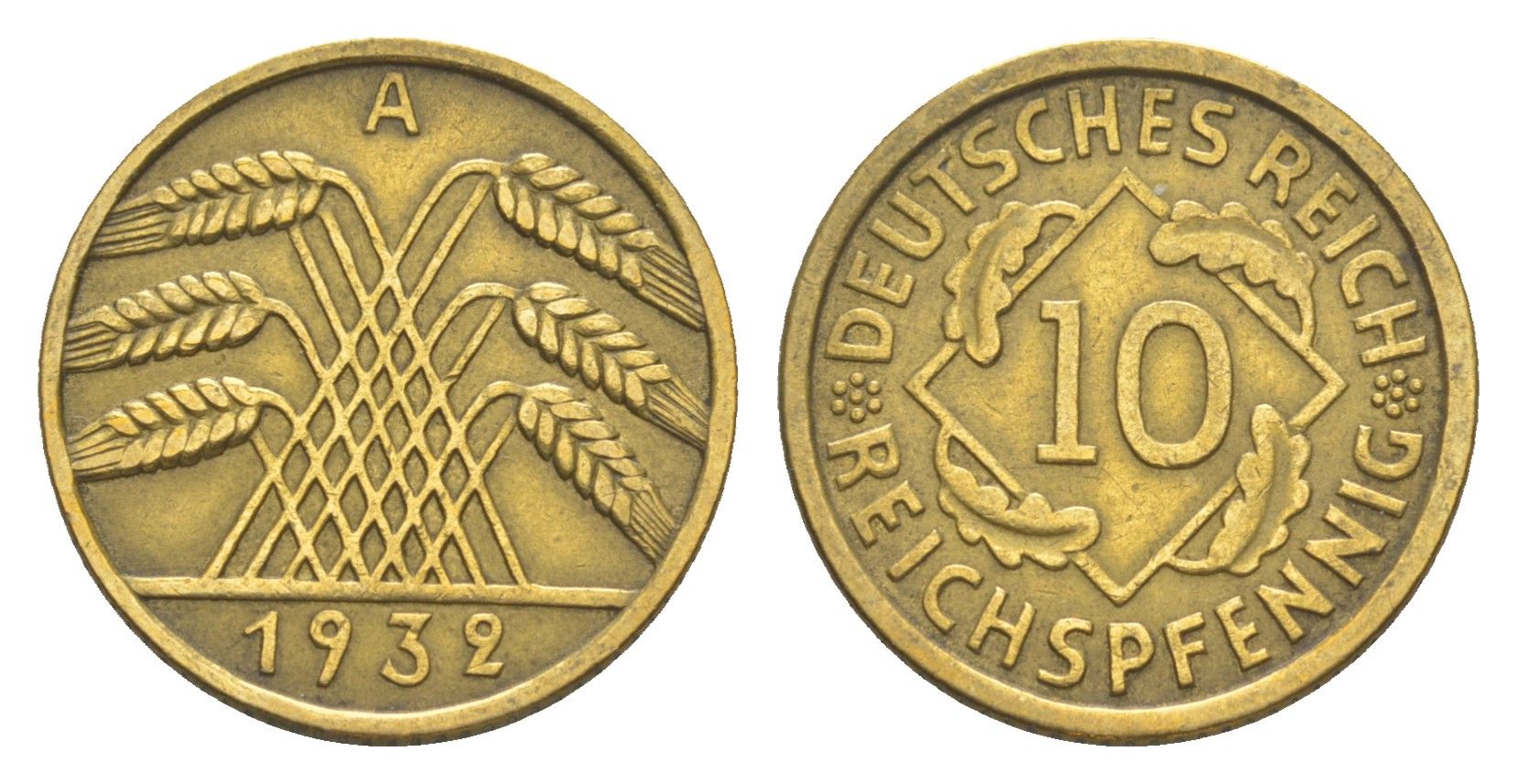 Германия 10 рейхспфеннигов 1932 A KM 40, J. 317 алюминиевая бронза 4549-832