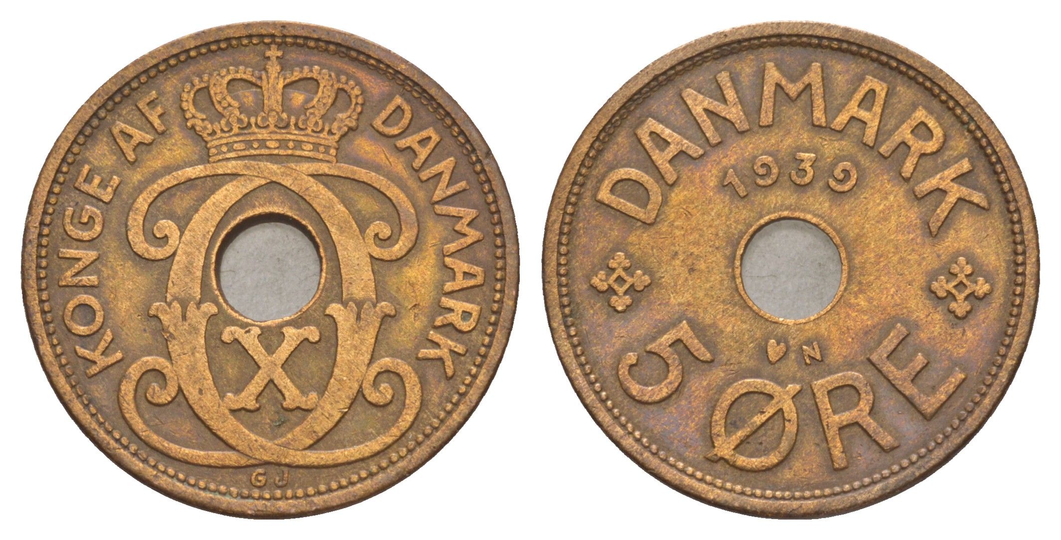 Дания 5 эре 1939 N, Кристиан X (1912-1947) KM 828 бронза 4638-627