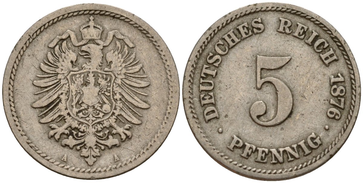 Германия 5 пфеннигов 1876 A, старогербовка KM 3, J. 3 медно-никель 4189-827