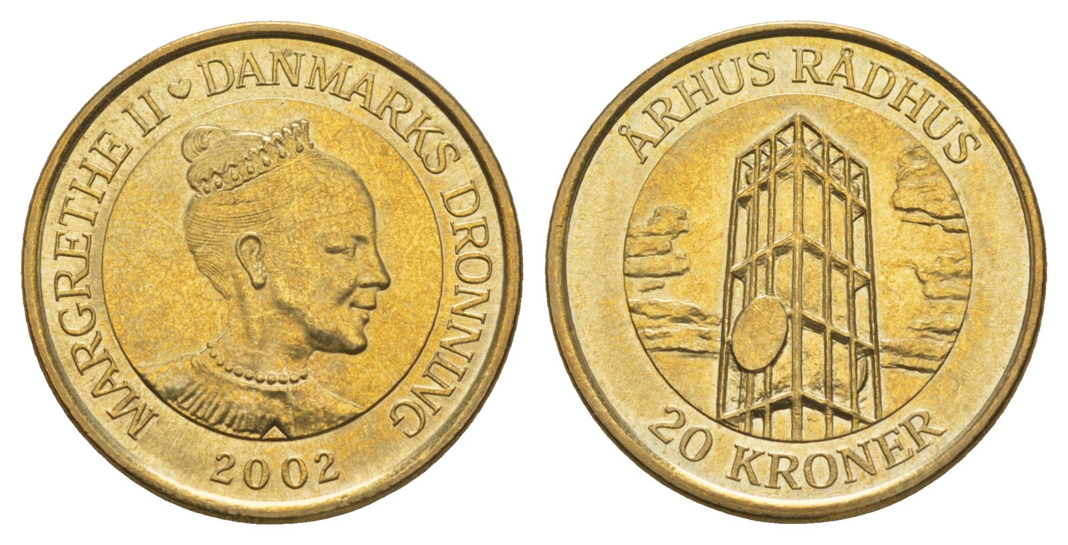 Дания 20 крон 2002 Башня Ратуши, Орхус KM 889 алюминиевая бронза UNC 4657-1241