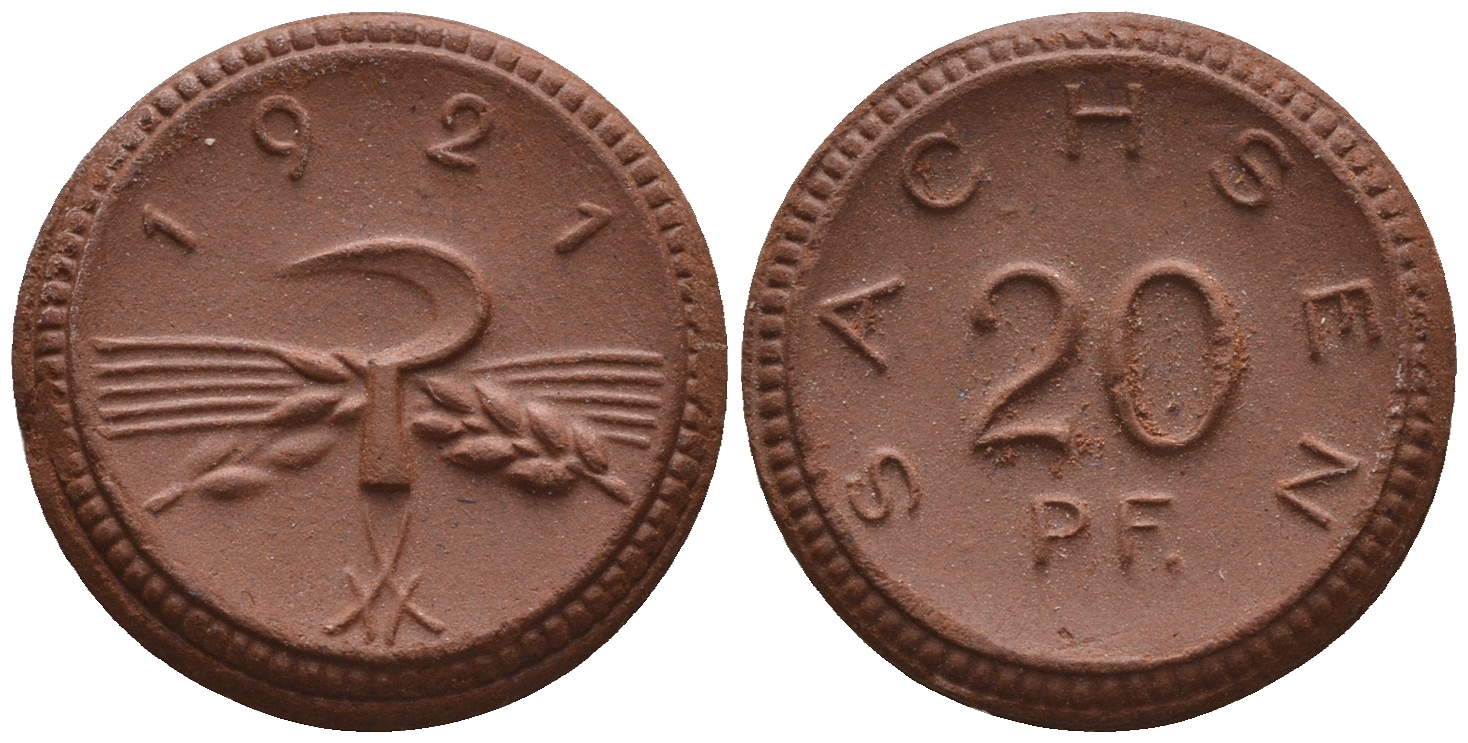 Саксония 20 пфеннигов 1921 колосья и серп J. N 53 фарфор UNC 1094-8-13