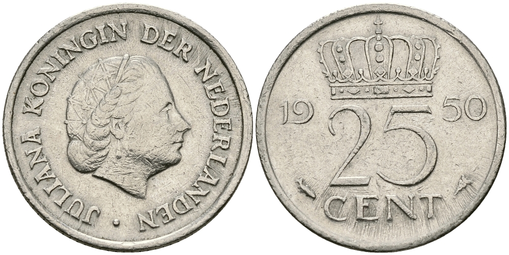НИДЕРЛАНДЫ 25 ЦЕНТОВ 1950 ЮЛИАНА KM 183 никель 96-118