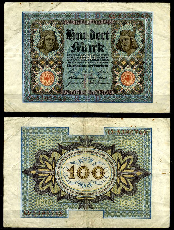 Германия 100 марок 1920 Бамбергский всадник, 7 цифр в номере, буква F, серия Q Pick 69 a, Розенберг 67а  бумага   8617-6-1-2